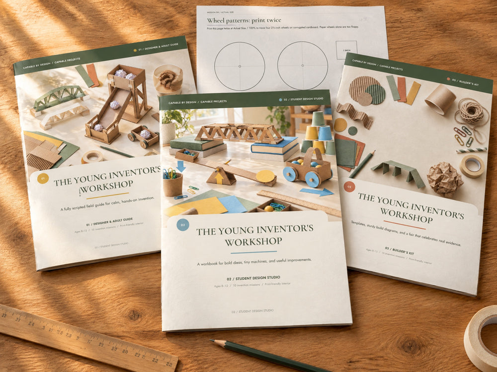The Young Inventor’s Workshop digital project shown as three printed guides and wheel-template pages on a sunlit wood table; home-printing example, no physical supplies shipped