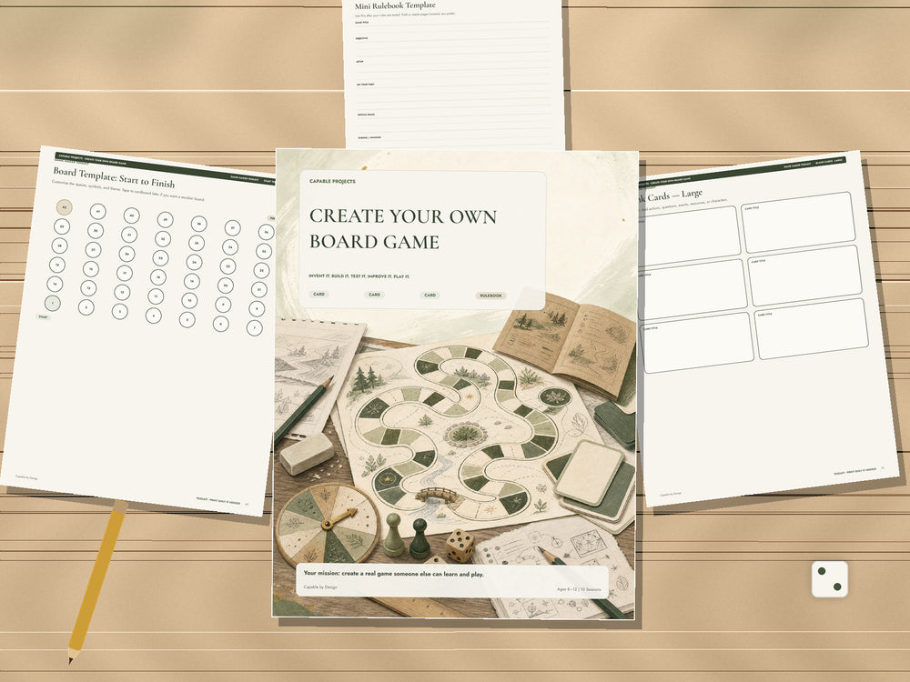 Printable Create Your Own Board Game project cover with board templates, rulebook, cards, and game-making pages