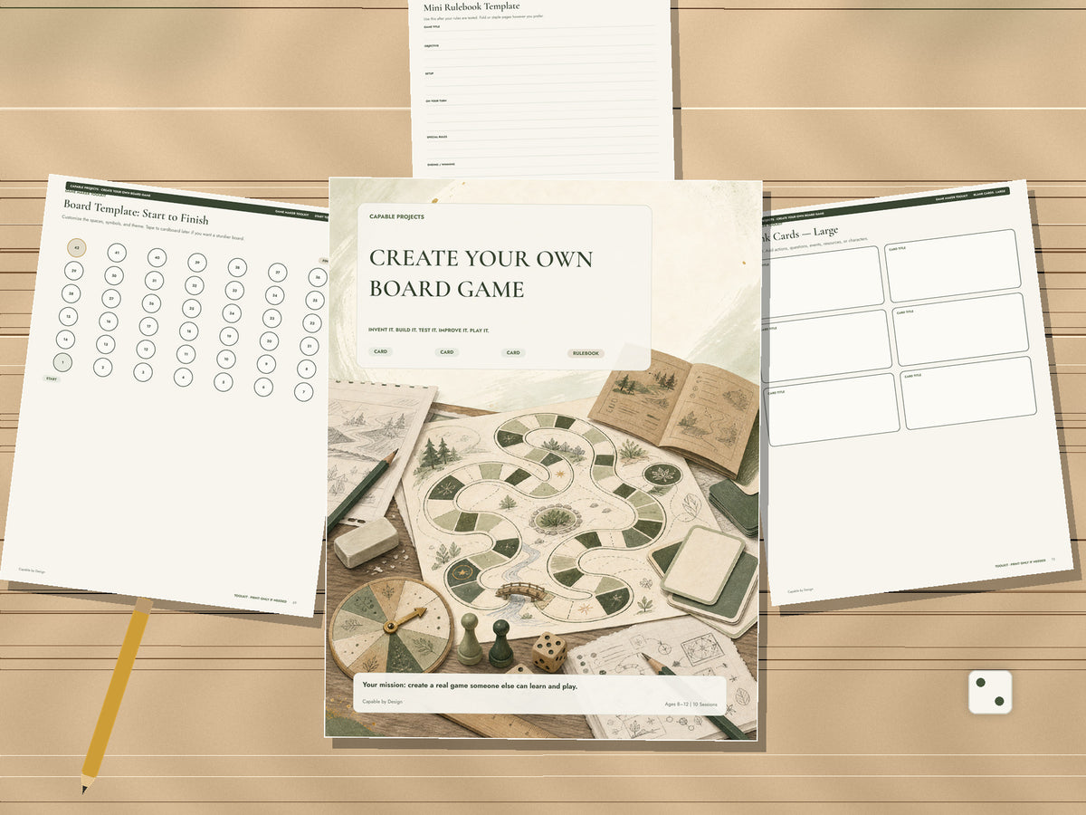 Printable Create Your Own Board Game project cover with board templates, rulebook, cards, and game-making pages