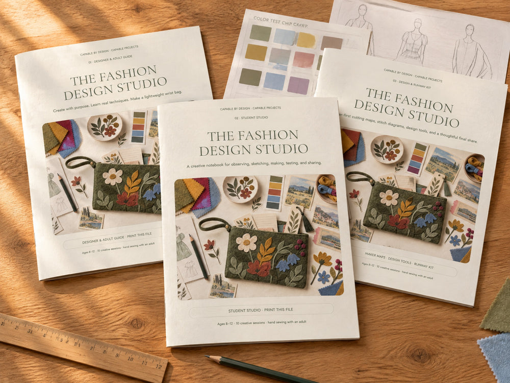 The Fashion Design Studio digital project shown as printed Student Studio, Designer Guide and Design & Runway Kit with color and sketch pages on a sunlit wood table; home-printing example, no physical supplies shipped