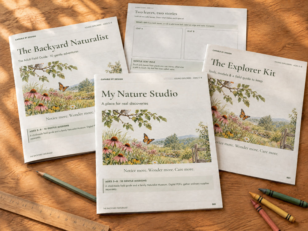 Three authentic home-printed Backyard Naturalist booklets with a leaf-comparison page on a sunlit wood table; digital download, printing and physical supplies not included