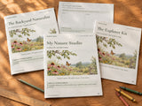 Three authentic home-printed Backyard Naturalist booklets with a leaf-comparison page on a sunlit wood table; digital download, printing and physical supplies not included
