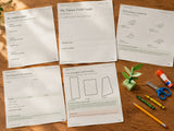 Backyard Naturalist field-guide cover, bird reference, exhibit labels and paper seed templates on a wood table with a paper plant model; home-printing and making example