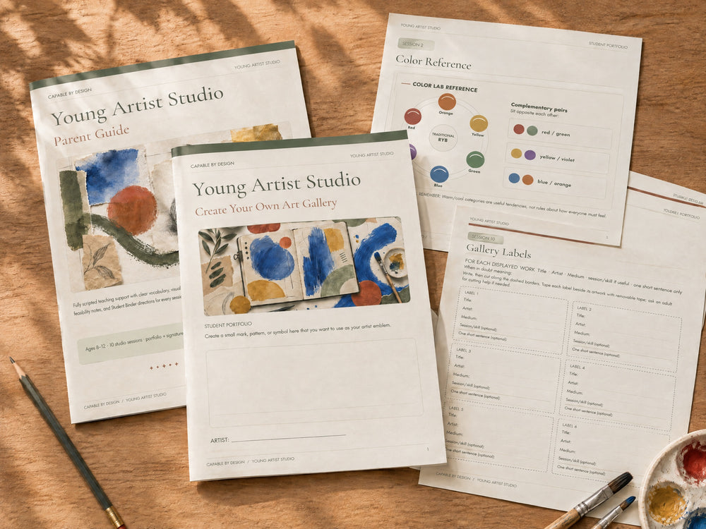 Young Artist Studio digital project shown as printed Student Portfolio and Parent Guide with color reference and gallery-label pages on a sunlit wood table; home-printing example, no physical supplies shipped