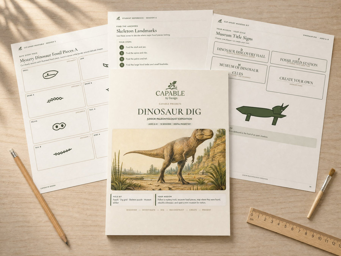 Printable Dinosaur Dig project cover with fossil, skeleton, and museum pages