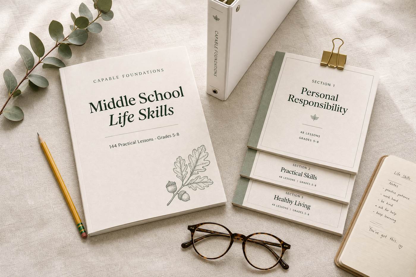 Capable Foundations Middle School Life Skills course books, section parts, and binder