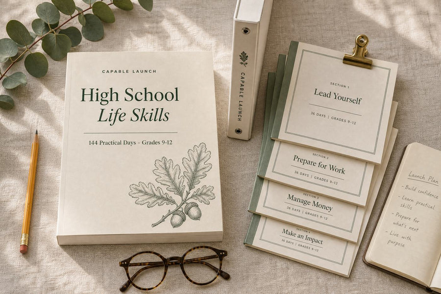 Capable Launch High School Life Skills course book, four section parts, and binder