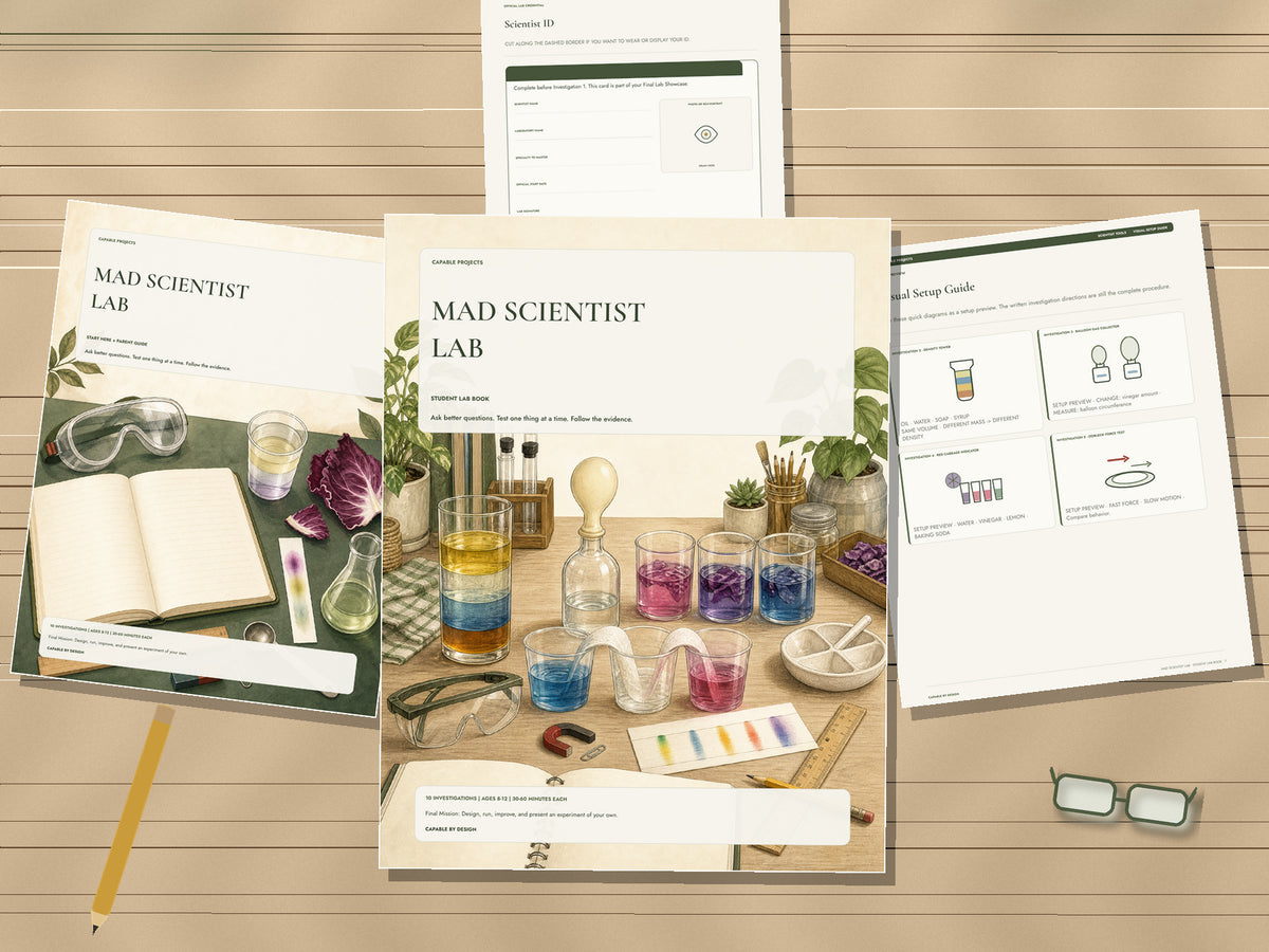 Printable Mad Scientist Lab project with Student Lab Book, Parent Guide, visual experiment setups, Scientist ID, and lab pages