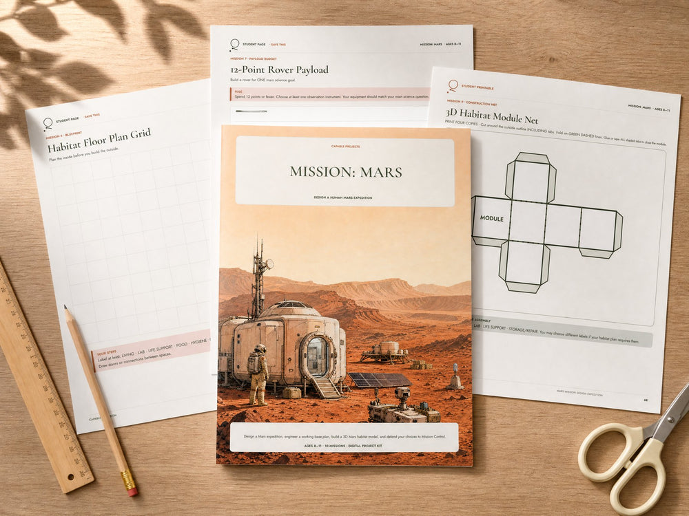 Printable Mission Mars project cover with habitat, rover, and engineering pages