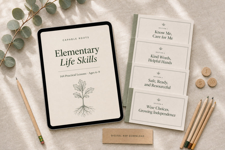 Capable Roots Elementary Life Skills digital course displayed on a tablet with four printed course-part covers