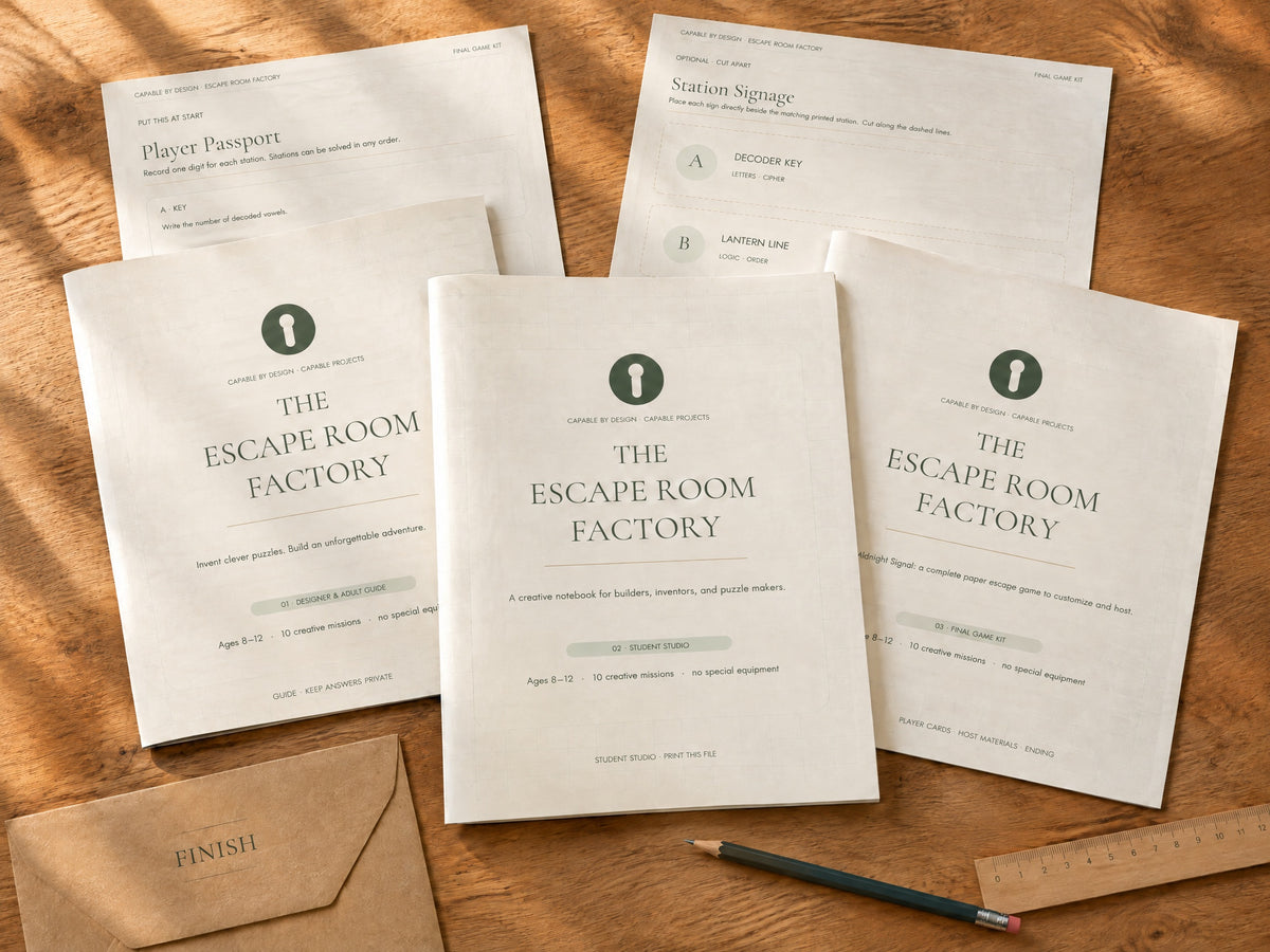 The Escape Room Factory digital project shown as three printed booklets, player passport and station signage on a sunlit wood table; home-printing example, no physical supplies shipped