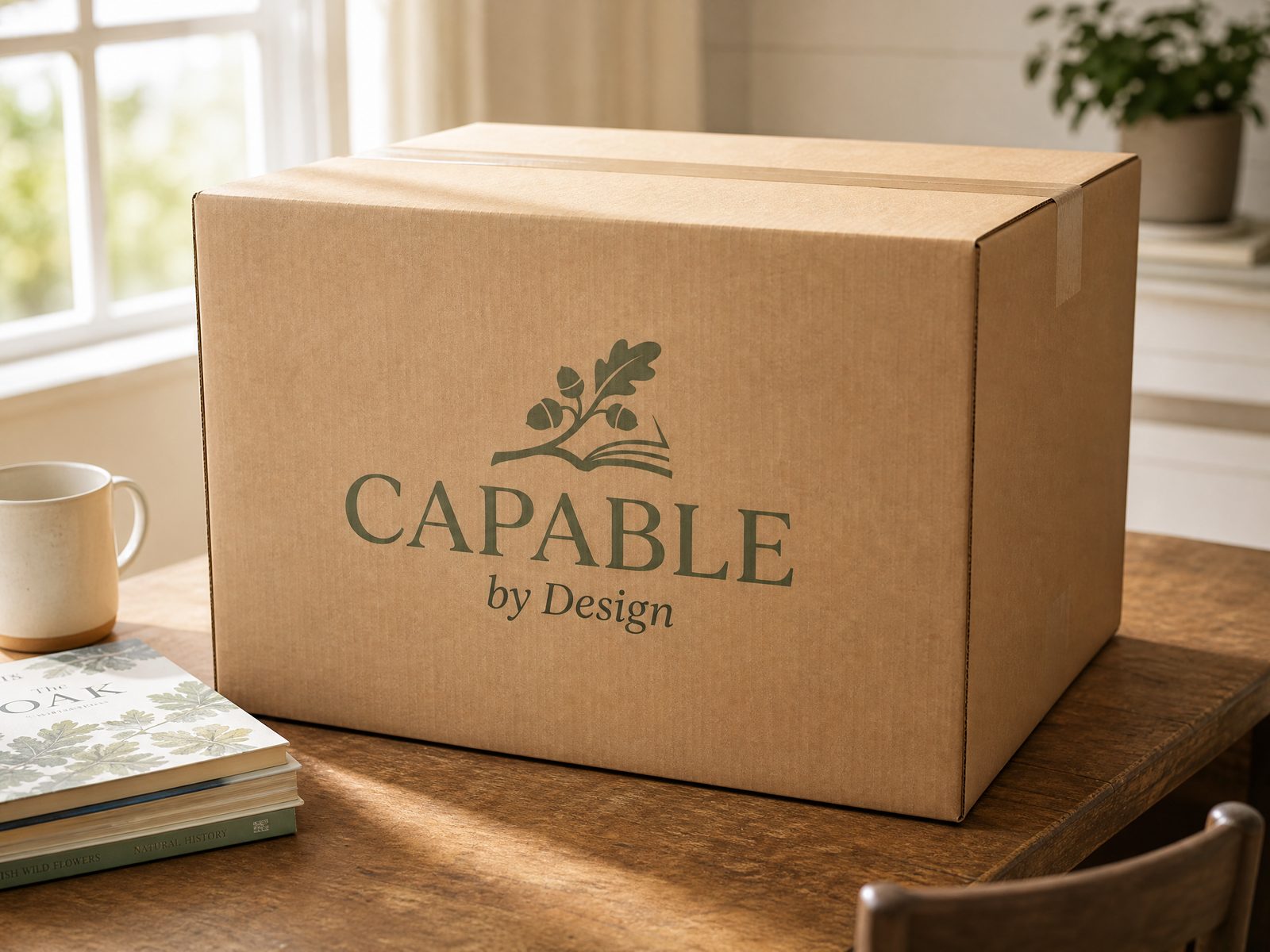 A large kraft shipping box printed with the Capable by Design oak-branch logo, holding a full year of curriculum