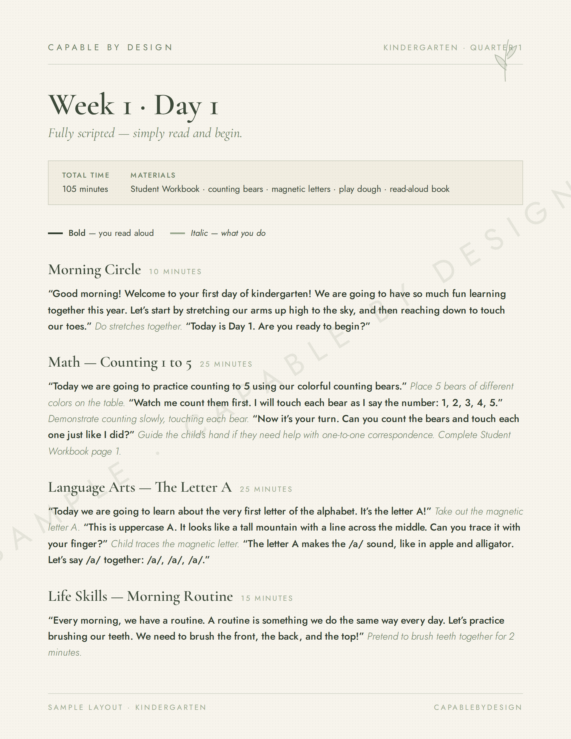 A real scripted day from the Kindergarten Teacher Binder — bold text is read aloud, italics guide the parent