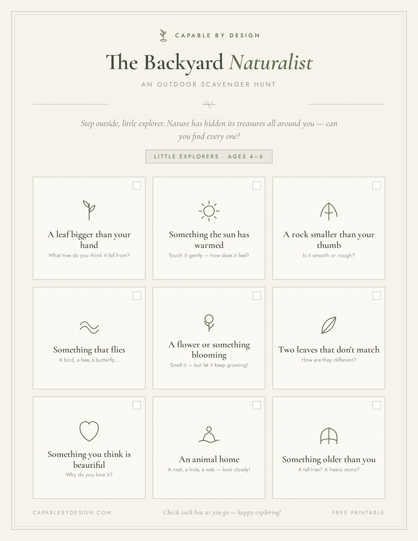 Little Explorers page of the Backyard Naturalist Scavenger Hunt