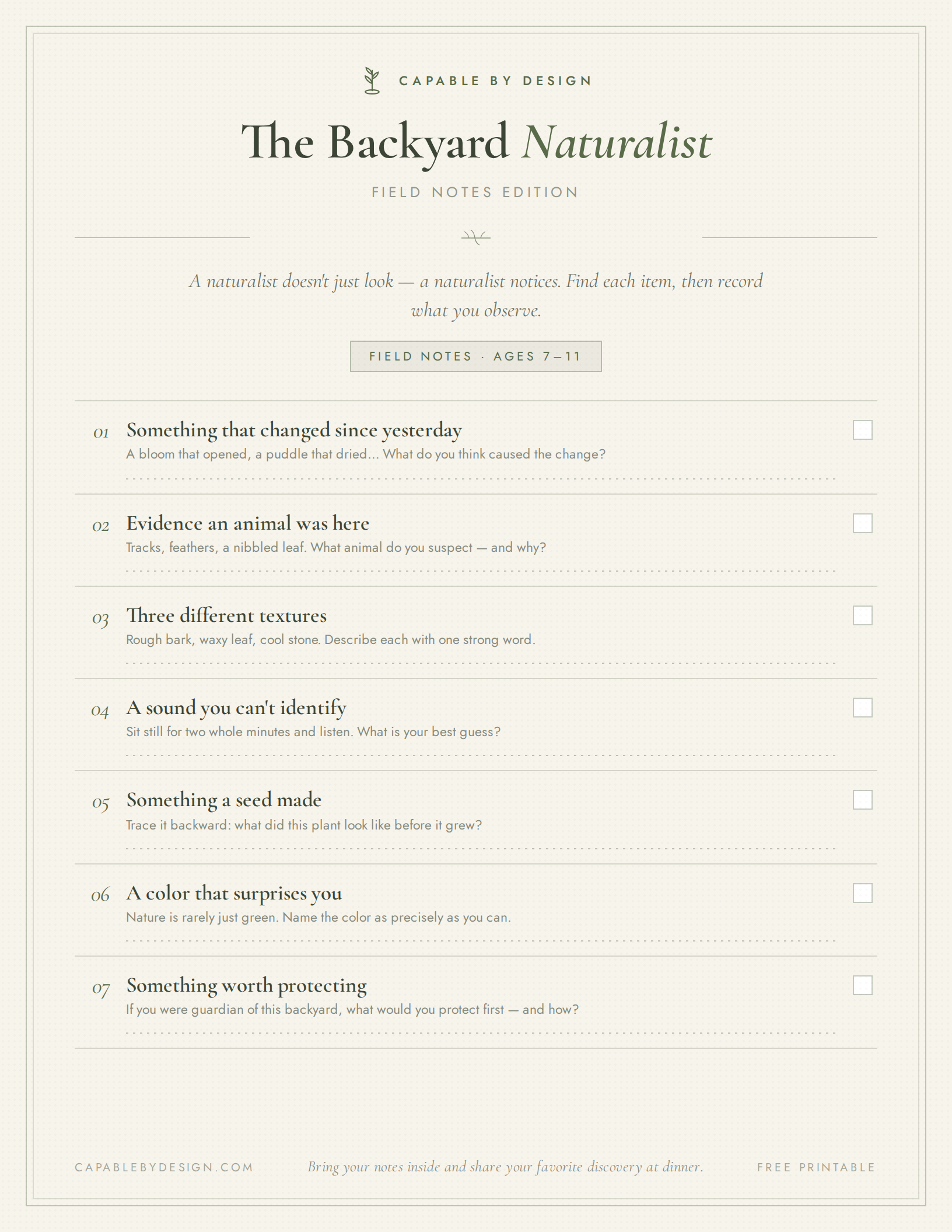 Field Notes page of the Backyard Naturalist Scavenger Hunt