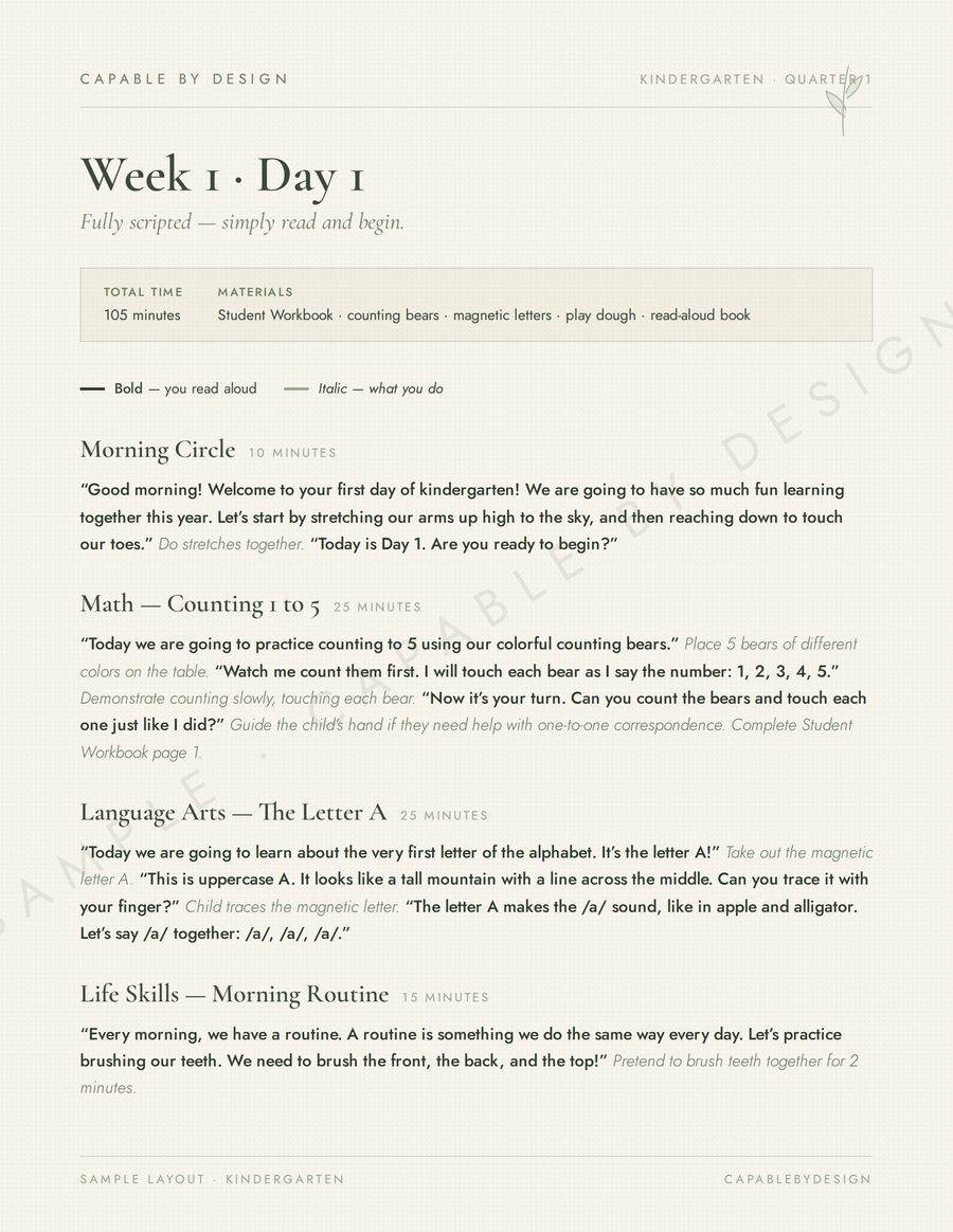 A real scripted day from the Kindergarten Teacher Binder — bold text is read aloud, italics guide the parent
